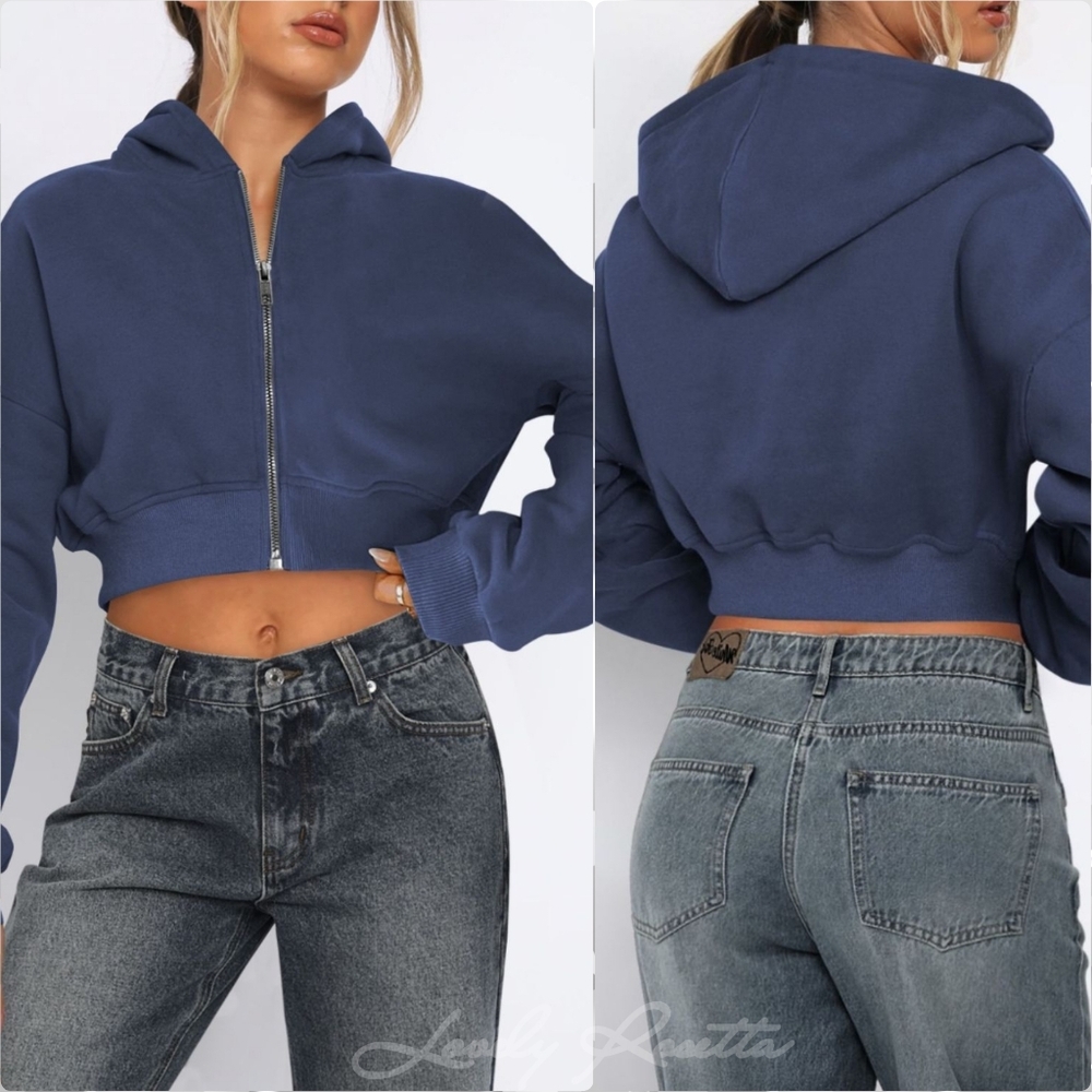 Blue Cropped Hooded Zip-Up Jacket